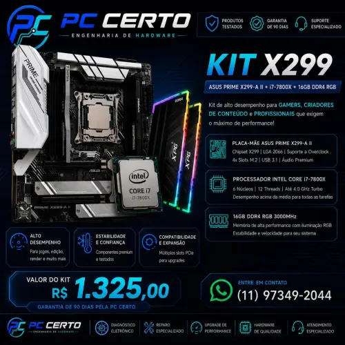 Kit X299 ASUS Prime X299-A II + i7-7800X + 16GB DDR4 RGB 3000MHz