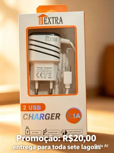 Carregador Rápido 5.1A 2 Saídas USB + Cabo | Alta Qualidade<br>