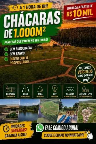 Chácaras 1.000m² | Entrada R$10 Mil + Parcelas | Lagoa | A 1h de BH | Sem Burocracia