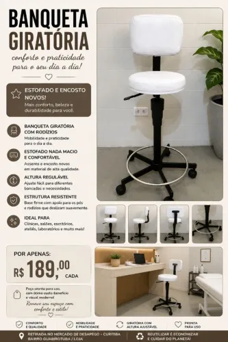  BANQUETA GIRATÓRIA COM RODÍZIOS - ESTOFADO E ENCOSTO NOVOS