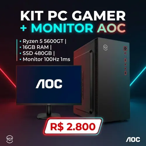 PC Gamer Completo Ryzen 5 5600GT / 16GB RAM / SSD + Monitor AOC 100Hz