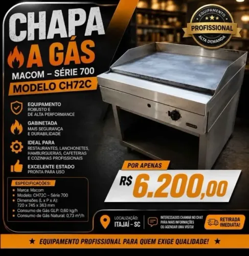 Chapa a gás - MACOM série 700, modelo CH72C