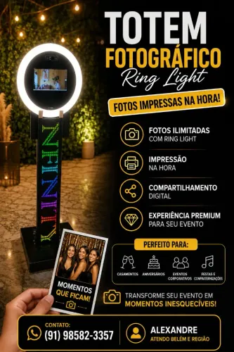 Totem fotográfico ring light foto impressa na hora para o seu evento 