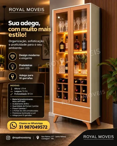 Cristaleira C/LED 2 Portas C/Adega 1 Gaveta 72Cm. São Produtos Novos Direto da Fábrica.