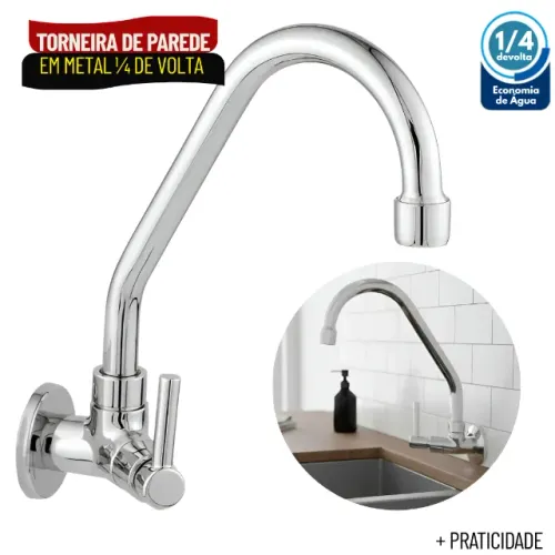 Torneira de Cozinha de Parede com Bica Móvel Inox 100% Metal 14 de Volta - SCS29