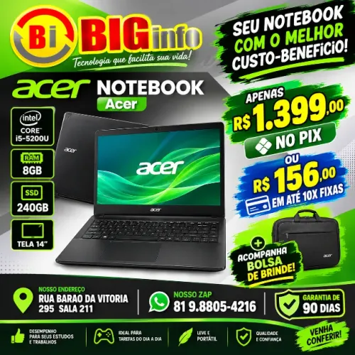 Notebook Acer Intel Core i5 8GB SSD 250GB Tela 14" Windows + Bolsa - Em ate 10x Fixas