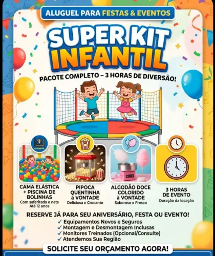 Aluguel de Cama Elástica + Casa de Bolinhas + Pipoca com Algodão Doce.
