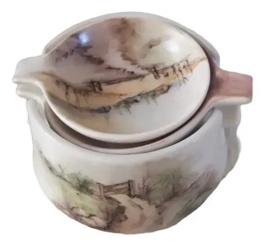 Jogo De Porcelana Para Servir Pate Pintado À Mão # (Usado)