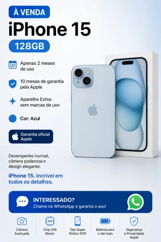 iPhone 15 128GB Azul - Impecável | 10 meses de Garantia Apple