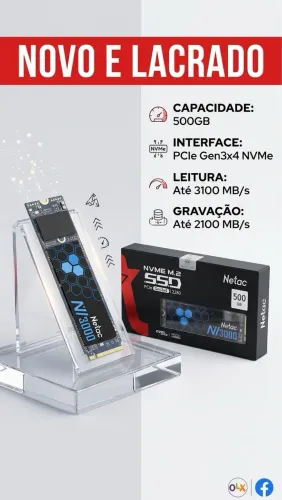 SSD NVMe M.2 Netac N/3000 500GB - Super Velocidade! Novo e Lacrado.