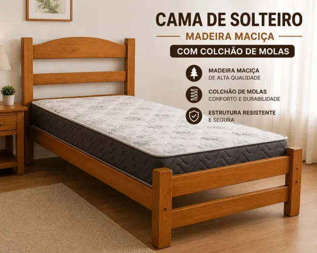 Cama de solteiro madeira maciça com colchão de molas