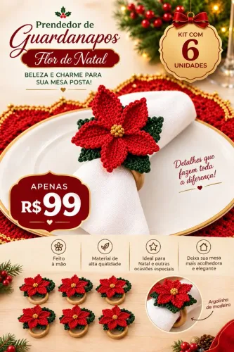 Anel de guardanapo de Natal, kit 6 unidades, prendedor de guardanapo natal, flor de natal