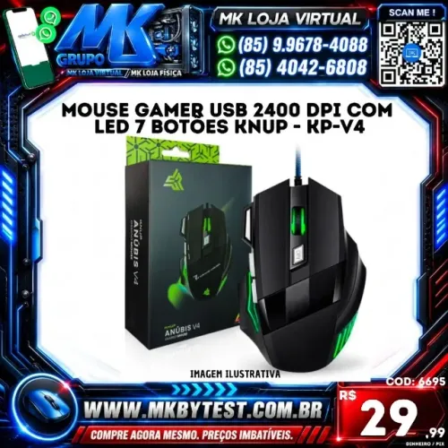 Mouse Gamer Usb 2400 Dpi com Led 7 Botões Knup - KP-V4