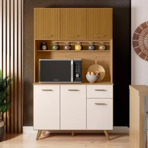 Kit Cozinha Lívia 6 Portas 1 Gaveta Larg. 1.10m Freijó/Off Poliman - Montagem Grátis 