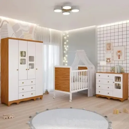 Quarto Infantil Lumi, 100% MDF - ( Roupeiro + Comoda + Berço Americano ) - Peroba