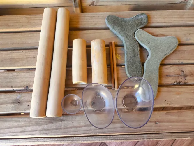 Kit de massagem (pantalas, cubetas de silicone e bambús)