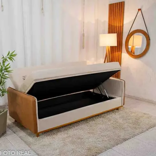 Sofá Cama Casal Baú Linho Bege 2274 Larg. 2.05m rf665