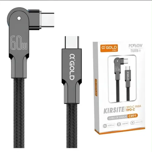CABO DE DADOS KIRSITE CB91 USB-C PARA USB-C 60W PD TURBO - ?GOLD PRO