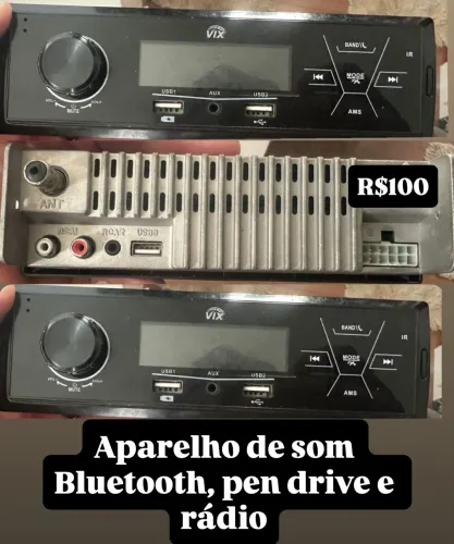Aparelho de som Bluetooth, pen drive e rádio.