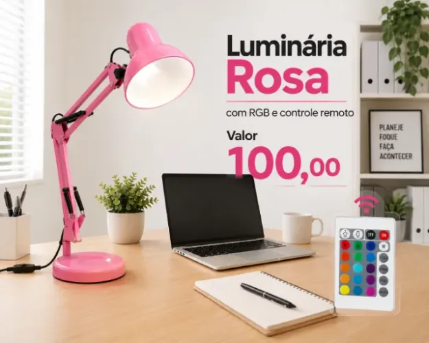 Luminária Articulada Rosa c Controle Remoto