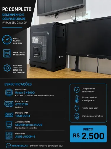 PC Completo Ryzen 5 4600G + GTX 1050 + 12GB RAM + SSD 240GB + Monitor LG 21,5?