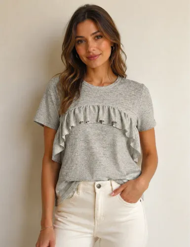 blusa feminina cinza p manga curta babados zara