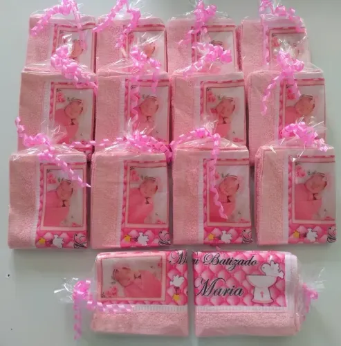 5 Toalhinhas de Mão C/ Foto e Nome da Criança / Lembrancinhas Batizado Menina