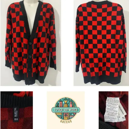 Cardigan tricot alongado estampa xadrez quadriculada Bluesteel
