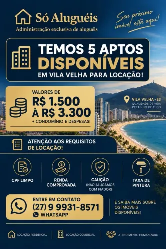 TEMOS 5 APTOS EM VILA VELHA DISPONÍVEIS PARA LOCAÇÃO! TODOS BEM LOCALIZADOS!!!!