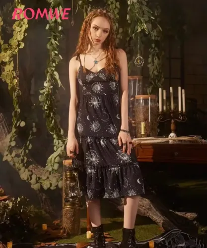 Vestido Midi Preto Romwe Shein Estampa Mística Hippie Sol e Lua Tamanho G - Novo