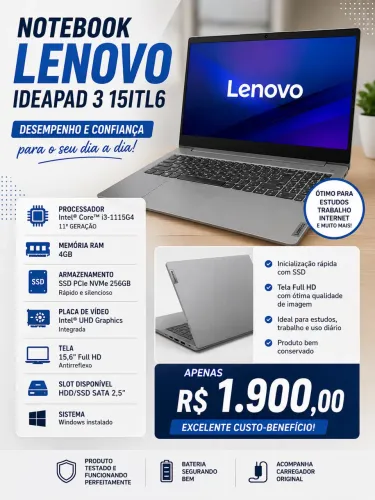 Notebook Lenovo IdeaPad 3 i3 11ª Geração | SSD 256GB | Tela Full HD