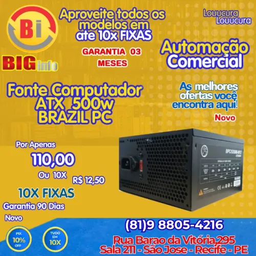 Fonte Atx 500w Brazilpc Bpc/5350b-m 12x12cm 24 Com Cabo de Forca