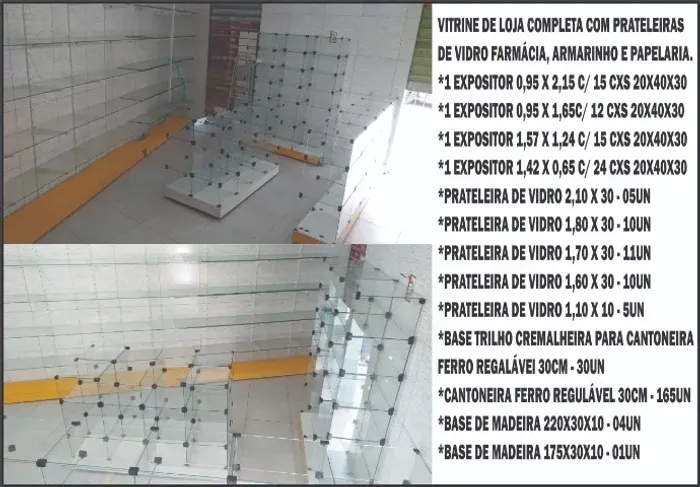 Expositor, vitrine e prateleiras de vidro