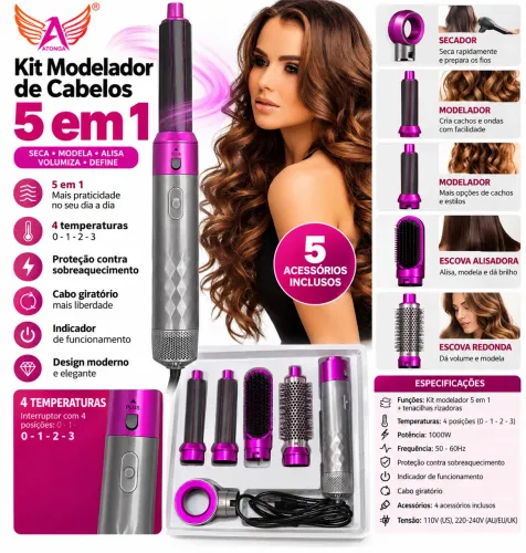 Kit Modelador de Cabelos 5 em 1 - Secador, Modelador e Escova 1000W
