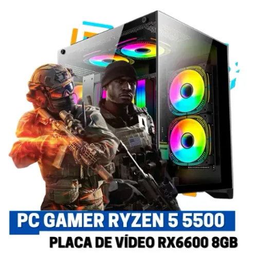 PC Gamer, AMD Ryzen 5 5500, Placa de Vídeo RX6600 8GB, 16GB DDR4, SSD 480GB