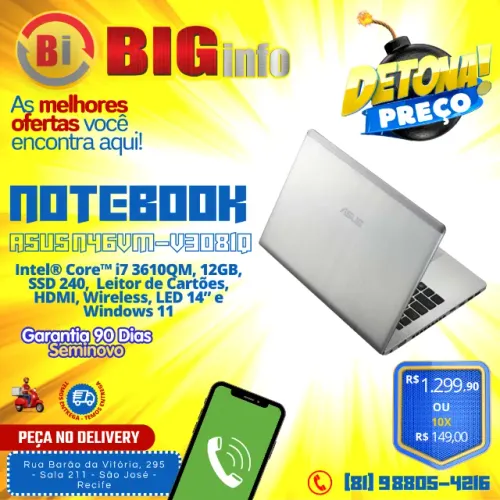 Notebook Asus K45VM-VX105Q - Intel Core i7-3610QM - GT 630M 12GB SSD 240GB - Em ate 10x