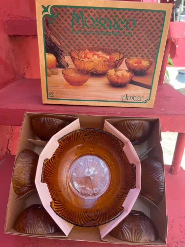 jogo de sobremesa âmbar vintage na caixa