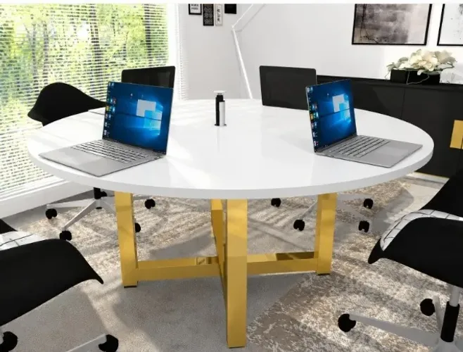 Mesa de Escritório Delluxe Gold. Alto Padrão Torre de Tomadas: L140CM X P140cm x 74cm