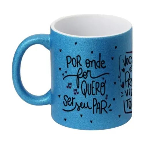 Caneca Glitter Namorados Azul Personalizada
