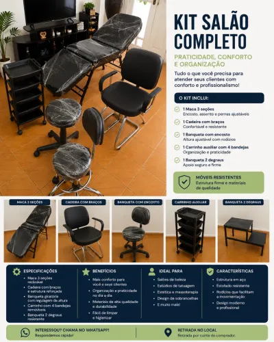 Kit Salão Completo - Maca + Carrinhos + Cadeiras + Banquetas