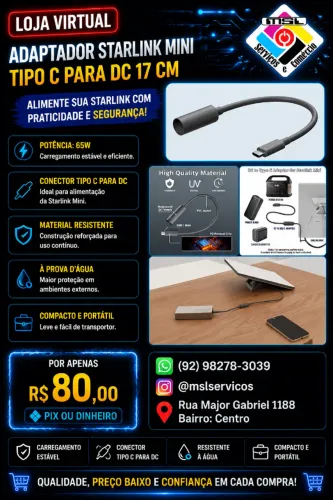 Adaptador Starlink Mini USB-C para DC - 17 cm | Portátil | Resistente à Água