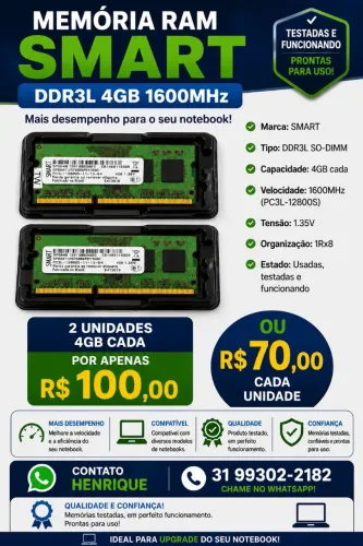 Memória RAM SMART DDR3L 4GB 1600MHz para Notebook 
