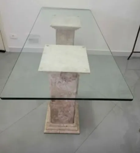 Mesa De Vidro Com Apoio Mármore Travertino. Só Retirada.