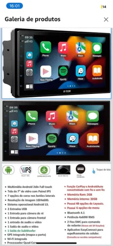 Central Multimidia 7pol QuadCore 2GB 32GB Android Auto Carplay Espelhamento