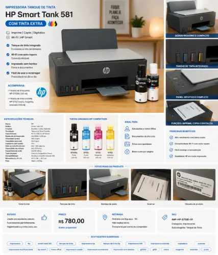 Impressora HP Smart Tank 581 Wi-Fi + 1 Tinta Preta