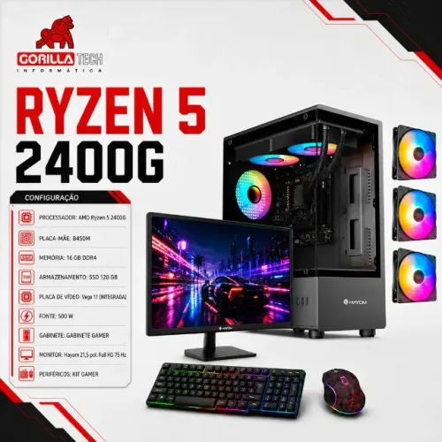 PC Completo Ryzen 5 2400G Vídeo Integrado 16GB SSD 120GB + Monitor 21.5" Novo
