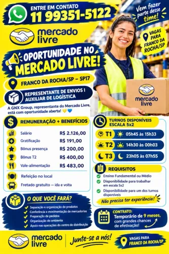 Vaga mercado livre FRANCO DA ROCHA