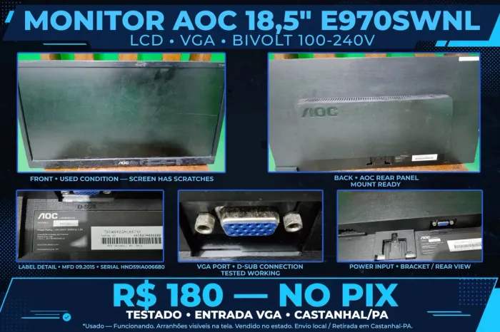 Monitor AOC 18,5" E970SWNL - VGA - Bivolt - Testado<br><br>R$ 150 aceito proposta