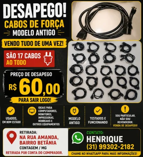 17 Cabos de Força para PC, Monitor e Impressora - R$ 4 cada