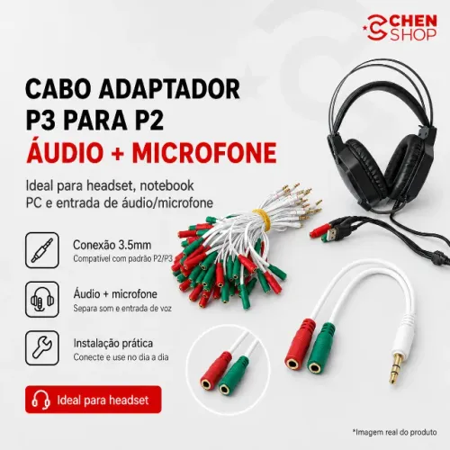 Cabo Adaptador P2 Headset Splitter 1 Fêmea 2 Macho Áudio Microfone